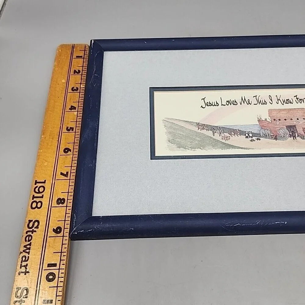 Vintage Blue Framed Water Color Noahs Arc Jesus Loves Me Bible Tells Me So 1994